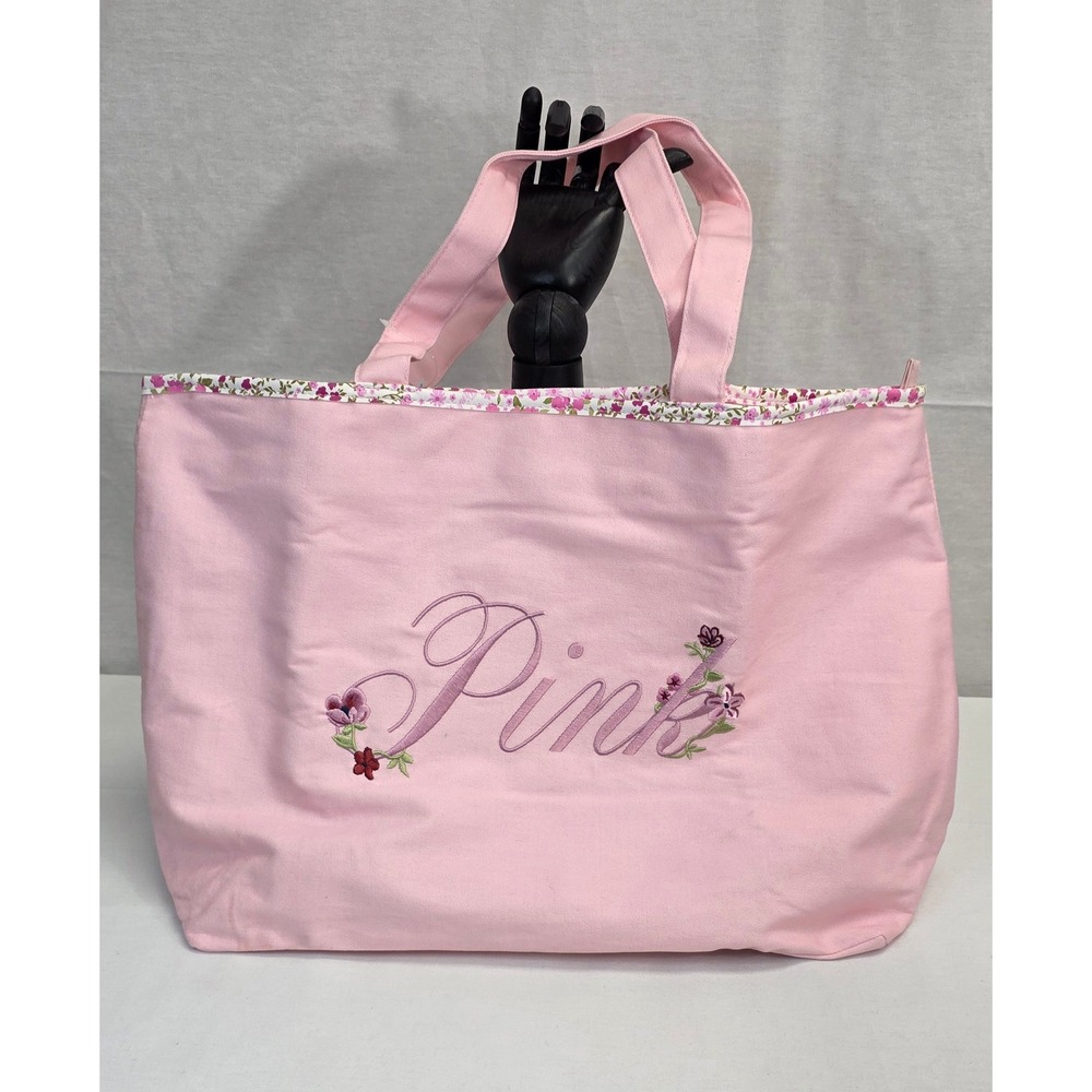 Victorias Secret PINK Floral Embroidered Canvas Tote Bag Pink Zip Top NWT - Picture 4 of 8